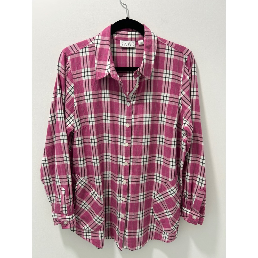 Joan Rivers Womens Pink Plaid Button Down Shirt Long Sleeve Cotton Pockets Top L
